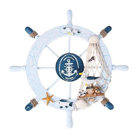 Nautical Bath Decoration Nautical Theme Bathroom Decor: Amazon.com Wheel Fish, Ship Steering Wheel, Boat Wheel, Nautical Accessories, Ship Wheel, Nautical Wall Art, Wooden Ship, Fishing Net, Nautical Wall