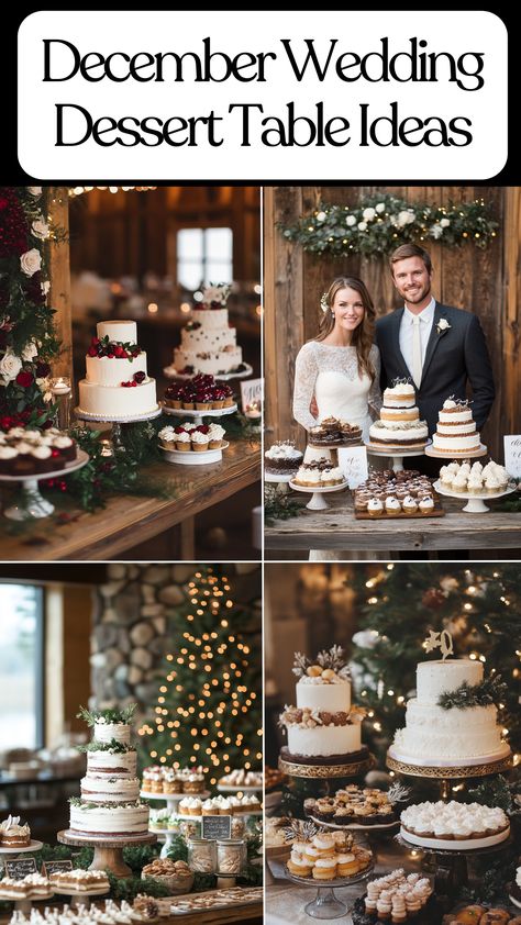 December wedding dessert table with rustic and elegant decor featuring wedding cakes and dessert table signs. Winter Wedding Dessert Table Ideas, December Wedding Dessert Table, Wedding Cake Display Table Elegant, Wedding Dessert Table Black And White, Christmas Dessert Table Set Up, Christmas Wedding Cake Table, Winter Wedding Cake Table, Wedding Cookie Display, Wedding Dessert Table Ideas Elegant