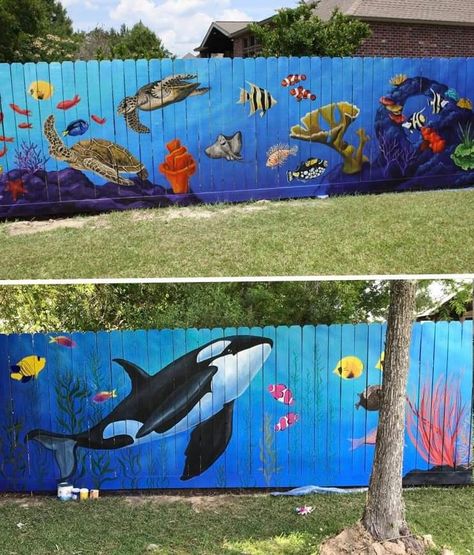 Ocean Mural On Fence, Costal Front Yard Landscaping, Outdoor Fence Mural, Murals On Fences, Painted Fence Ideas Colour, Fence Painting Ideas Colour, Fence Mural Ideas Backyards, Painted Fences Mural, Shed Mural