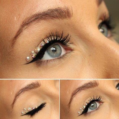 A well-placed rhinestone (or seven) can do magic*. | 23 Ways To Up Your Makeup Game For New Year's Eve Makeup With Rhinestones, Rhinestone Makeup, New Year's Makeup, New Years Eve Makeup, Dance Makeup, Rave Makeup, Makeup Game, Festival Makeup, Long Lashes