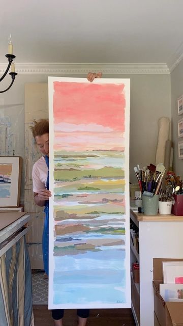 Long Watercolor Painting, Tall Painting Ideas, Paintings On Long Canvas, Vertical Painting Ideas, Vertical Canvas Painting, Tall Artwork, Karin Olah, Canvas Party, Artsy Projects