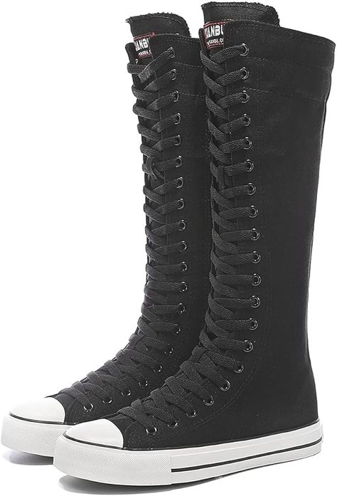 Women's Tall Canvas Lace up Knee High Sneakers, Black, 9 : Amazon.ca: Clothing, Shoes & Accessories Fancy School, Knee High Sneakers, School Shoes Black, Dance Boots, Girls Converse, Boots Knee High, Canvas Boots, Lace Sneakers, High Sneakers