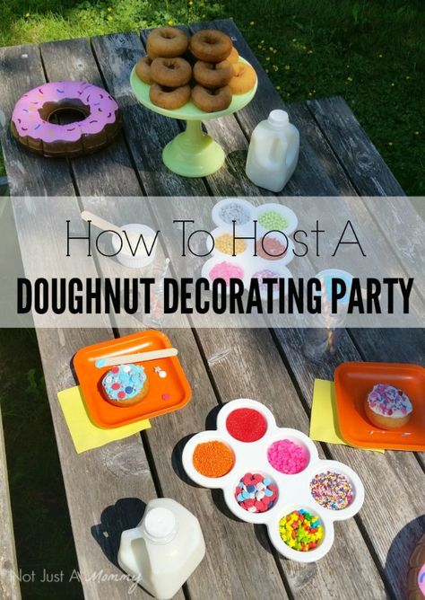 Doughnut Decorating Party - perfect as a birthday party activity or for a slumber party breakfast! Donut Decorating Ideas Themed Parties, Donut Decorating Party, Party Breakfast, Donut Party Decorations, Donut Theme Party, Doughnut Party, Birthday Party Activity, Donut Themed Birthday Party, Diy Dessert