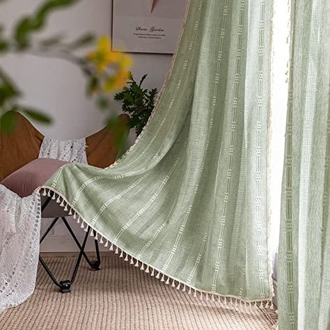 Light Green Curtains, Sage Green Curtains, Sofa Blanket Cover, Cortinas Boho, Beige Curtains, Bohemian Curtains, Simple Curtains, Striped Curtains, Tassel Curtains