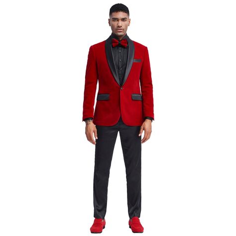 Red Tuxedo For Men Prom, Red Prom Suits For Guys, Tuxedo For Men Wedding Classy, Red Blazer Outfit Men, Black And Red Tux, Hoco Suits, Red Suit Men, Red Tux, Dark Red Suit