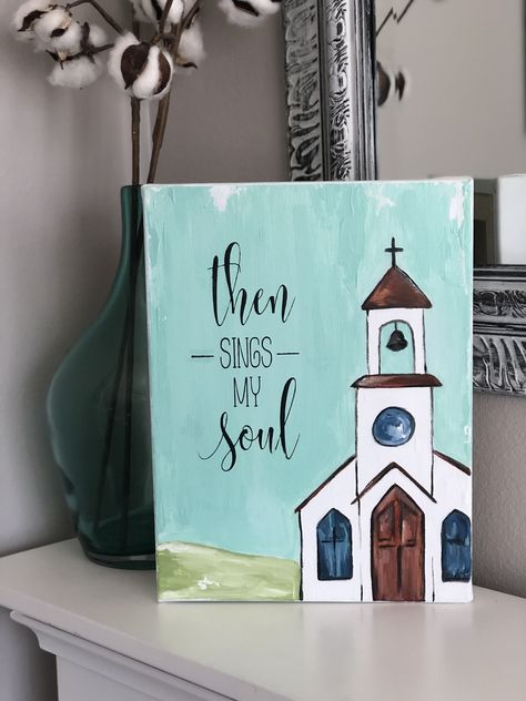 Christian Drawing Ideas Easy, Church Painting On Canvas, Christian Art Painting, Christian Canvas Paintings, Bible Verse Painting, Church Painting, Christian Drawings, Hand Painted Bible, Then Sings My Soul