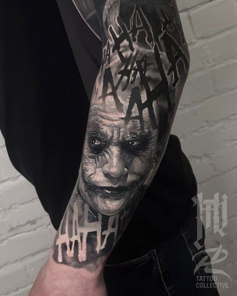 Joker Laughing Tattoo, Two Dates Tattoo, Joker Hahaha Tattoo, Joker Leg Tattoo, Joker Sleeve Tattoo, Joker Tattoo Ideas For Men, Heath Ledger Joker Tattoo, Batman Tattoo Design, The Joker Tattoo