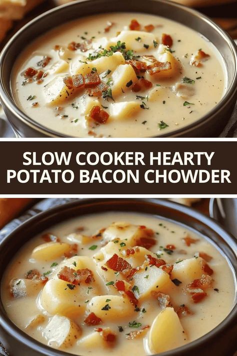 Slow Cooker Hearty Potato Bacon Chowder Slow Cooker Soup Potato, Slow Cooker Bacon Potato Soup, Potato Bacon Chowder Soup, Potato Bacon Soup Easy, Bacon Chowder Soup, Potato And Bacon Soup Crock Pot, Potato Soup With Ham And Bacon, Potatoe Bacon Soup Recipe Crock Pot, Bacon Potato Soup Recipe