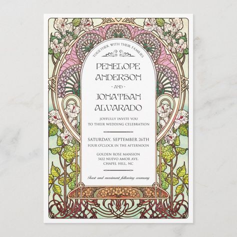 Nouveau Wedding Invitations, Art Nouveau Wedding Invitation, Wedding Invitations Set, Art Nouveau Wedding, Nouveau Wedding, Art Deco Invitations, Art Nouveau Weddings, Ceremony Signs, Green Wedding Invitations