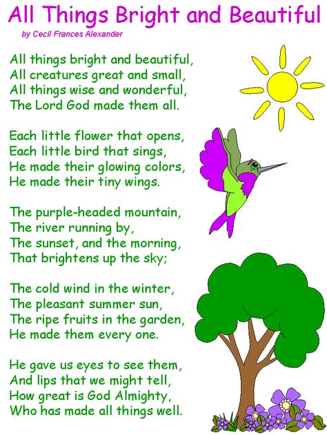 Nature Poems For Kids, Poem On Environment, Short Poems For Kids, Childrens Bible Songs, Poem Recitation, Preschool Poems, English Poems For Kids, Simple Poems, All Things Bright And Beautiful