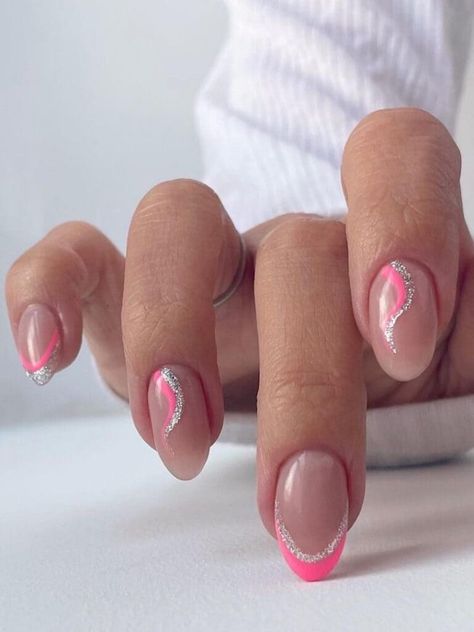 Pink and silver French manicure with swirls Pink Glitter French Tip Nails, Nails Beach Design, Pink Manicures, Basic Manicure, Pink French Tip Nails, Silver Acrylic Nails, Diy Nails Easy, Summer Nails Art, Pink Tip Nails