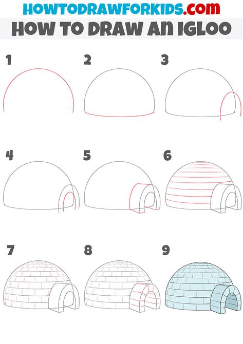 how to draw an igloo step by step How To Draw A Cabin Step By Step, How To Draw Igloo, Build An Igloo, Igloo Clipart, Igloo Drawing, Winter Guided Drawing For Kids, Directed Drawing Kindergarten, Cute Drawings For Kids, Sketching Tips