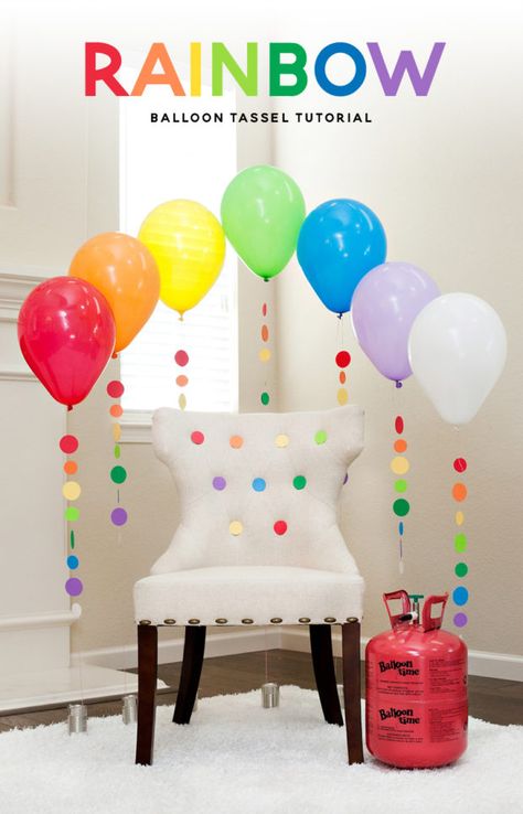 Rainbow Balloon Tassels and Party Chair Diy Ballon, Tassels Tutorials, Balloon Tassel, Trolls Birthday Party, Party Chairs, Rainbow Parties, Balloon Arches, Party Hostess, Diy Balloon Decorations