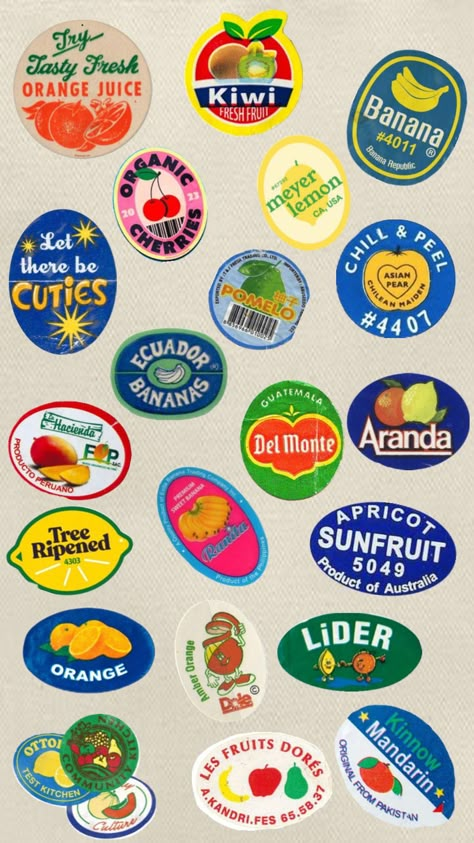 Fruit Stickers Aesthetic, Kiwi And Banana, Fruit Stickers, Fruit Labels, Sorority Merch, Dorm Posters, Orange Fruit, Pretty Prints, Cute Packaging