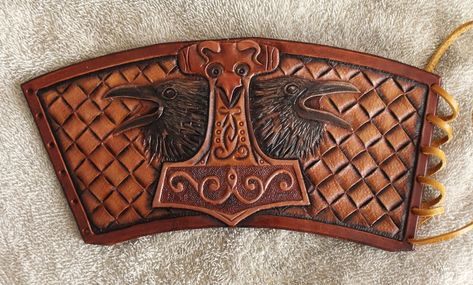 simon norris artworks | Calgary based artist specializing in painting & leathersmithing | Page 2 Leather Braces, Viking Belt, Leather Wrist Cuff, Odin's Ravens, Leather Bracers, Leather Patterns, Viking Costume, Leather Jewels, Larp Costume