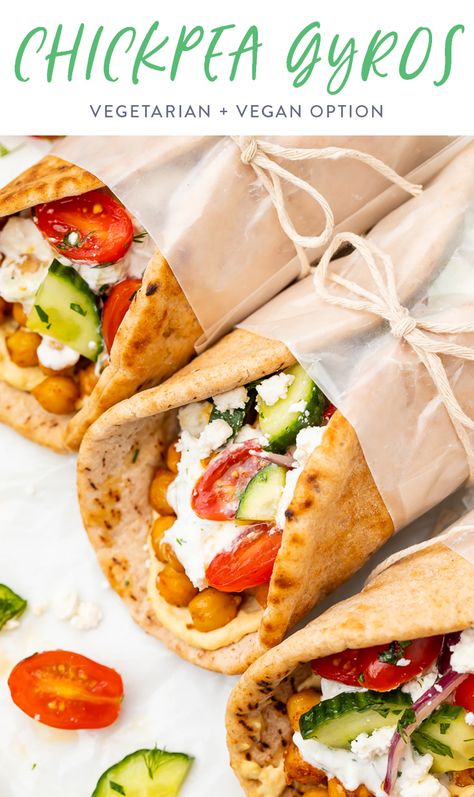 These chickpea gyros are an unbelievably good vegetarian version of the Mediterranean classic. Spiced chickpeas stuffed in soft pita with a delicious tzatziki sauce, fresh tomato, & cucumbers. Made in about 30 min. Vegan option. #gyro #vegetarian #greek Gyro Vegetarian, Chickpea Gyros, Spiced Chickpeas, Vegan Alternatives, Tzatziki Sauce, Vegan Options, Fresh Veggies, Good Healthy Recipes, Chickpeas