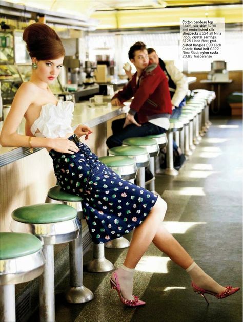 'Meet Me At The Diner' ~ Esme Wissels, James, Matti & Wes by Walter Chin for Glamour UK,  March 2012 Diner Photoshoot, 50s Photoshoot, Fashion Editorial Couple, Retro Photoshoot, Vintage Diner, Vintage Photoshoot, Retro Diner, American Diner, Glamour Uk