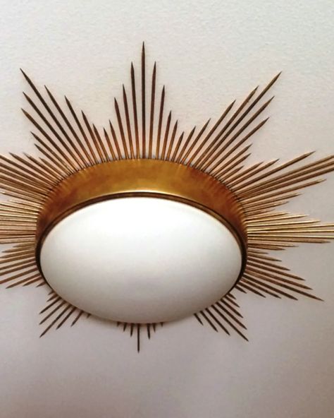 Whimsical Half Bath, Tropical Lighting Ideas, Diy Sunburst Light Fixture, Celestial Light Fixture, Sunburst Light Fixture, Diy Sun Wall Decor, Overhead Bedroom Lighting, Bathroom Overhead Lighting, Overhead Lighting Bedroom