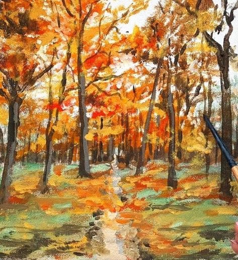 Fall Painting Acrylic Easy, Acrylic Painting Ideas Landscape Forests, Autumn Landscape Painting Easy, Fall Tree Painting Acrylic Easy, Acrylic Painting Fall Ideas, Fall Acrylic Painting Tutorial, Fall Scene Painting, Autumn Painting Acrylic Easy, Fall Painting Tutorial