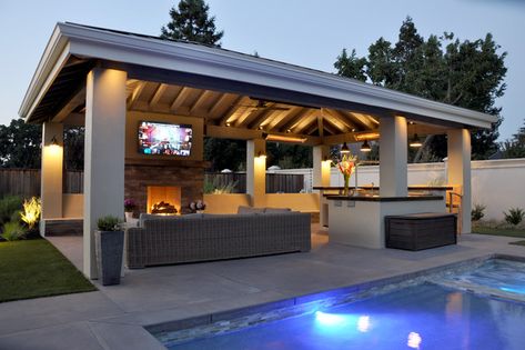 a Pavilion with Outdoor Kitchen - Farmhouse - Patio - San Francisco - by B. Gordon Builders, Inc. | Houzz Outdoor Pool Pavilion Ideas, Poolside Kitchen Ideas, Outdoor Kitchen Pavilion Ideas, Pool Pavilion Ideas Outdoor Living, Pool Pavilion Ideas, Backyard Pavilion Ideas, Pavillion Backyard, Pool Pavillion, Backyard Entertaining Space