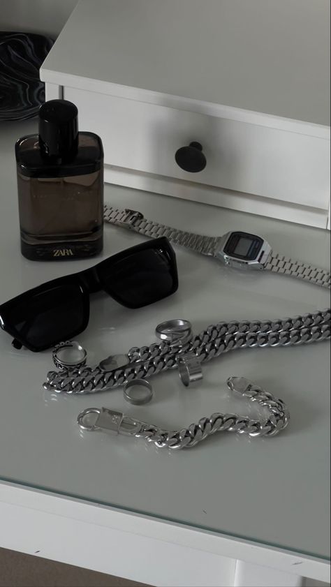 Accessories and jewellery essentials - silver wear - sunglasses - aftershave How To Wear Mens Jewelry, Mens Aftershave Aesthetic, Men Silver Jewelry Aesthetic, Silver Accessories Men, Aesthetic Accessories Men, Men’s Accessories, Men Accessories Aesthetic, Men’s Jewellery, Jewellery Essentials