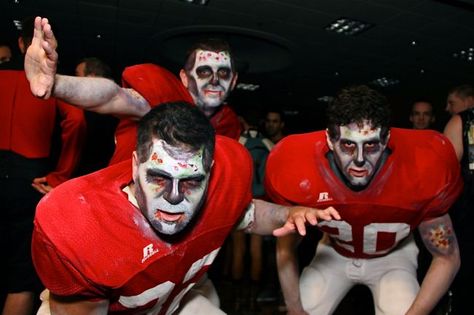 Football zombies from Outlantacon Zombie Football Player Costume Diy, Dead Football Player Costume, Zombie Football Player Costume, Zombie Cheerleader Makeup, Zombie Football Player, Cheerleader Makeup, Football Halloween Costume, Football Player Costume, Zombie Cheerleader