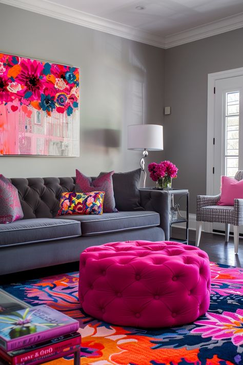 15+ Cozy Pink And Gray Living Room Ideas For A Warm Space Colorful Sitting Room, Small Uk Living Room Ideas, Grey Couch Living Room Ideas Colorful, Pink And Gray Living Room, Living Room Color Scheme Ideas, Pink Living Room Ideas, Blue And Pink Living Room, Gray Living Room Ideas, Glamour Living Room