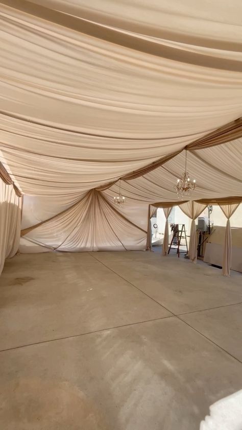 Canopy Tent Wedding, Tent Hanging Decor, Wedding Roof Draping, Canopy Party Decorations, Party Draping, Backyard Draping Ideas, Canopy Draping, Canopy Draping Party, Party Tent Ideas