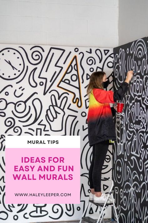 Mural Toilet Wall, Street Art Bedroom Ideas, Mural Wall Art Simple, Graphic Painted Wall, Wall Murals Diy Easy, Calming Mural Ideas, Pop Art Mural Wall, Art Room Mural Ideas, Classroom Wall Mural