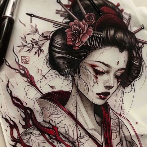 Create your own beautiful geisha tattoo art with this easy-to-use kit. Includes everything you need to get started, including stencils, inks, and brushes. #geisha #tattoo . #Cover_Up_Tattoos_For_Women_Forearm #Female_Samurai_Tattoo #Japanese_Expressions #Japanese_Drawing Geisha Mask Tattoo Design, Kitsune Geisha Tattoo, Japanese Tattoo Art Geisha, Geisha Tattoo Design Ideas, Japanese Woman Tattoo, Female Samurai Tattoo, Japanese Expressions, Japanese Geisha Tattoo, Geisha Tattoos