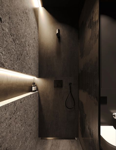 Dark Luxury Bathroom, Room Glass Partition, Design Of Bathroom, Dark Bathroom, Terrazzo Texture, Bathroom Details, Luxury Bathroom Master Baths, Bathroom Design Black, Bathroom Lamp