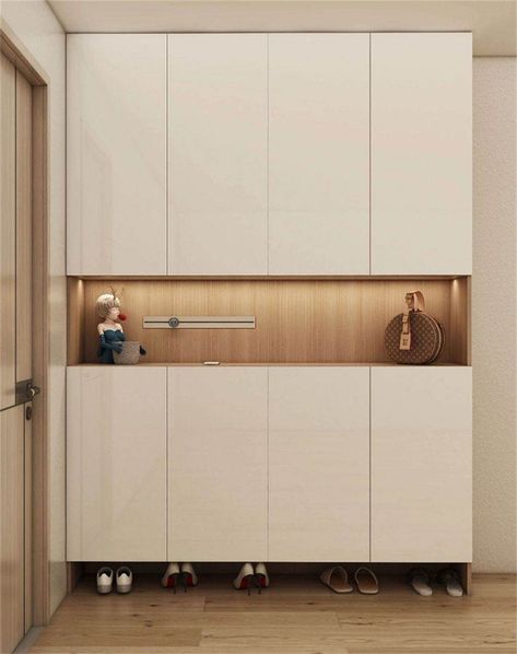 Minimal Shoe Cabinet, Build In Shoe Cabinet Entryway, Built In Shoe Cabinet, Shoes Cabinet Design Entrance Entryway, Japandi Storage, Foyer Unit, Corridor Storage, Cabinetry Living Room, Seamless Cabinets