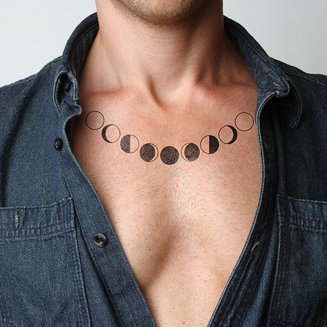 Just a Phase | Tattify Moon Phases Tattoo Chest, Luna Tattoo, Moon Phases Tattoo, Necklace Tattoo, Moon Time, One Piece Tattoos, Moon Cycle, Small Tattoos For Guys, Time Tattoos