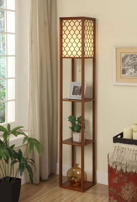 Corner Shelf Ideas, Corner Shelf Design, Creative Flooring, Shelves Ideas, Wooden Floor Lamps, Living Room Corner, Floor Lamp With Shelves, Corner Decor, Wood Floor Lamp