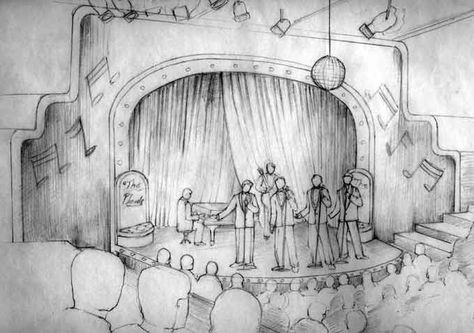 Stage Reference Drawing, Plaid Drawing, Panggung Pentas Seni, Scenic Sketches, Stage Sketch, Stage Drawing, Crowd Drawing, David Curtis, Conceptual Sketches