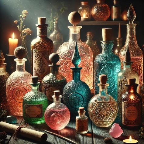 Alchemy Potions SVG This image showcases an exquisite collection of intricately designed potion bottles, each with unique patterns and vibrant colors. The bottles, some filled with mysterious liquids, are set against a dimly lit background with the warm glow of candles, creating a magical and mystical ambiance. The scene evokes the essence of a sorcerer's or alchemist's workshop, filled with enchanting tools of the trade. Magic Candle Art, Alchemy Potions, Alchemy Bottles, Witch Potion Bottles, Mystic Decor, Magic Apothecary, Magical Ingredients, Witchcraft Art, Home Apothecary