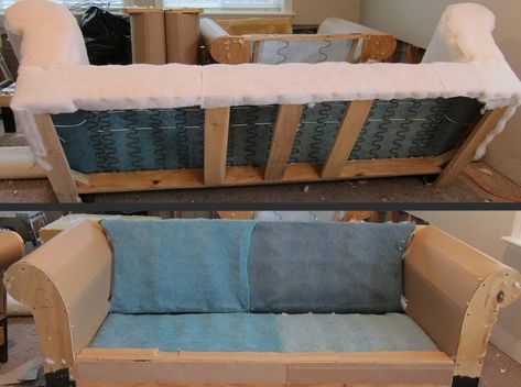 How to Reupholster a Couch with Attached Cushions - Steps & Tips How To Fix Couch Cushions, Reholposter Couch Diy, Reupolstry Couch Diy, Reupholster Leather Couch, Reupholstering Couch, Couch Upholstery Diy, Reupholster Couch Diy Step By Step, How To Make Couch Cushions, Diy Reupholster Couch