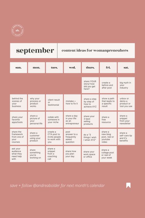 If you are looking for content ideas right now, I decided to compile 30 days worth of ideas for you so you can get a jump on your content for the month of September. These ideas can be used to develop a blog post, social media posts, a podcast, or whatever else you want to create. Enjoy the content and then let me know in the comments which content ideas you are excited to try! 30 Days Content For Social Media Manager, Instagram Monthly Plan, September Social Media Calendar, Content Ideas For Personal Development, 30 Day Social Media Content Calendar, Content Theme Ideas, Ig Content Ideas For Clothing Business, September Content Calendar, Monthly Content Ideas