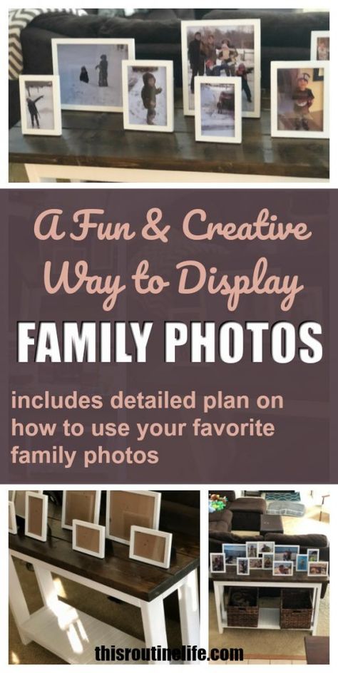 Diy Picture Display, Christmas Photo Display, Picture Frame Arrangements, Displaying Family Pictures, Picture Frame Table, Routine Life, Picture Arrangements, Picture Table, Picture Organization