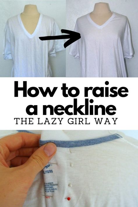 The easiest way to raise a neckline | Kara Metta Take In Shoulders Sewing, How To Raise A Low Neckline, Fixing A Too Low Neckline, Sewing Trim On Clothes, Sewing Hacks Alterations Neckline, Low Neckline Hacks, Sewing Necklines Tutorials, Sewing Alterations Tips And Tricks, T Shirt Neckline Alteration