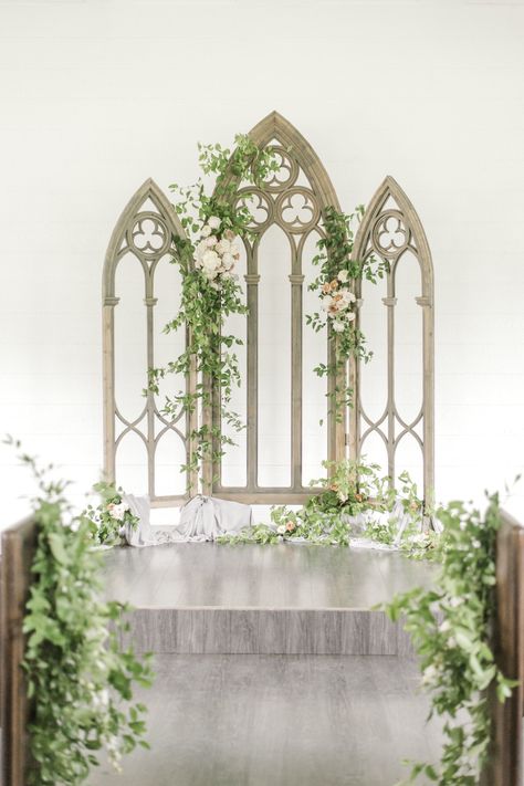 Gothic Arch Wedding, Outdoor Chapel Wedding Decorations, Stained Glass Wedding Altar, Cathedral Window Wedding Backdrop, Wedding Arch Ideas Indoor Elegant, Wedding Altar Ideas Indoor Ceremony Arch, Garden Alter, Secret Garden Wedding Theme, Wedding Altar Ideas