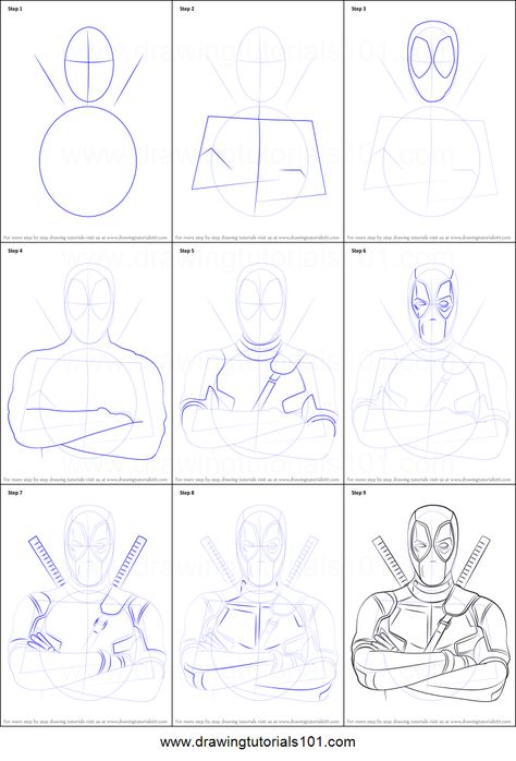 How to Draw Deadpool printable step by step drawing sheet : DrawingTutorials101.com Iron Man Drawing Step By Step, Marvel Drawings Easy Step By Step, How To Draw Loki Step By Step, Deadpool Pencil Drawing, Drawing 101 Step By Step, How To Draw Gwen Stacy Step By Step, How To Draw Superhero, How To Draw Deadpool Step By Step, How To Draw Batman Step By Step