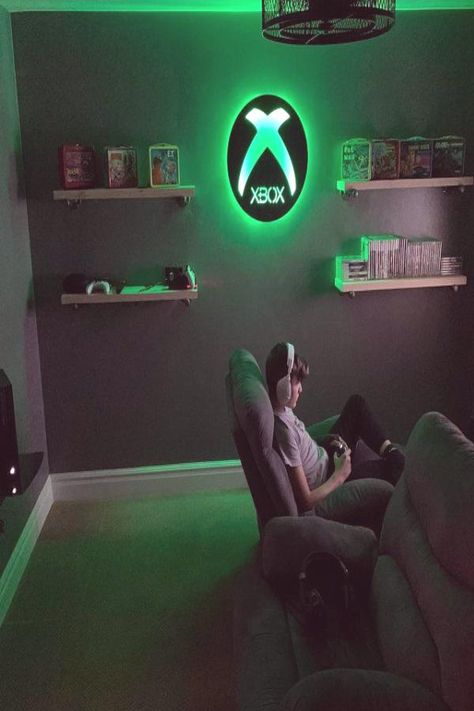 Xbox Room, Button Wall Art, Xbox Logo, Boys Game Room, Gaming Bedroom, Gamer Bedroom, Small Game Rooms, Video Game Room Design, Boy Bedroom Design