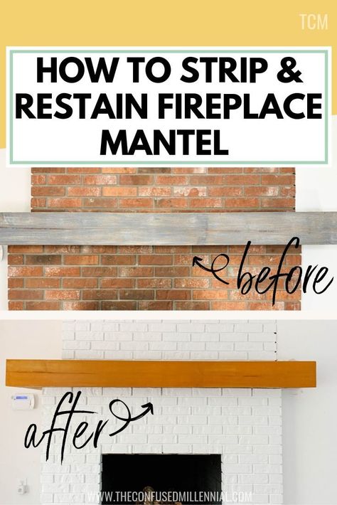 DIY Fireplace Makeover: How To Strip & Stain Fireplace Mantel Before & After, fireplace mantel makeover, diy fireplace mantel over brick, retaining fireplace mantel, stripping wood mistakes, fireplace mantle ideas, retain wood mantle, how to strip wood stain, #fireplacemakeover, #fireplacebeforeafter, #fireplaceremodel, #honeymantel, #woodmantel, #mantelideas, #mantelideas, mantel ideas Diy Wood Mantle, Painted Brick Fireplace Makeover, How To Restain Wood, Fireplace Refresh, Fireplace Mantel Makeover, Mantel Makeover, Painted Mantle, Strip Wood, Diy Fireplace Mantel