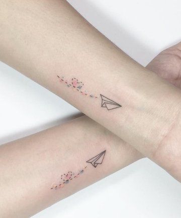 33 Best Friend Tattoos - Matching Tattoo Ideas for Your BFF Matching Friendship Tattoos, Plane Tattoo, Matching Friend Tattoos, Matching Best Friend Tattoos, Matching Sister Tattoos, Bff Tattoos, Friendship Tattoos, Matching Tattoo, Paper Airplane