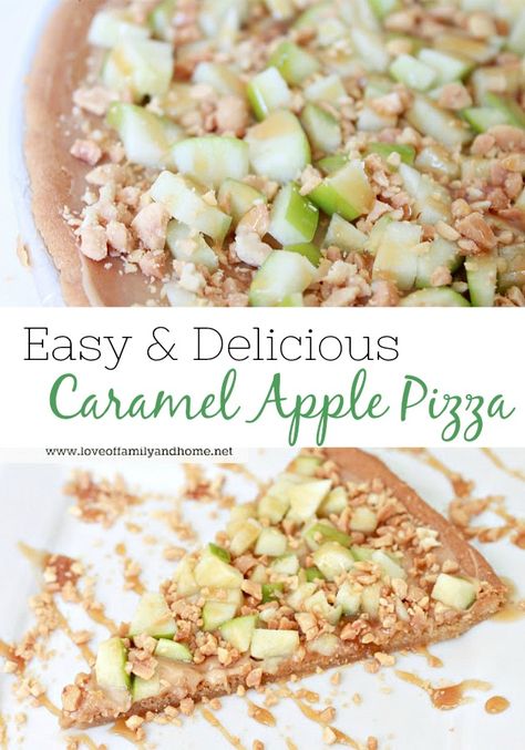 Caramel Apple Pizza Recipe - Love of Family & Home Carmel Apple Pizza Recipe, Appetizers Using Apples, Caramel Apple Pizza Dessert, Carmel Apple Dessert Recipes, Fall Fruit Pizza, Halloween Fruit Pizza, Fruit Salad Pizza, Caramel Apple Pizza, Fall Yummies