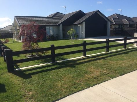 2 Rail Fences | Post and Rail Fences — Beams & Timber NZ Black Farmhouse Fence, Post And Rail Fence Gate, 2 Rail Wood Fence, Black Split Rail Fence, Post Fence, Front Yard Gate, Post And Rail Fence, Split Rail Fence, Wood Fence Design