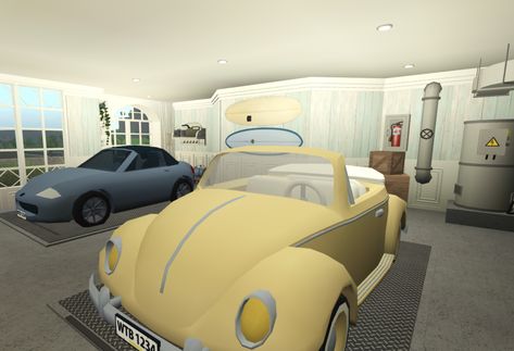 Coastal Garage Interior, Bloxburg House Ideas Garage, Bloxburg Garage Ideas Interior, Garage Decals Bloxburg, Two Car Garage Ideas, Garage Ideas Bloxburg, Coastal Bedroom Bloxburg, Bloxburg Car, Bloxburg Garage Ideas