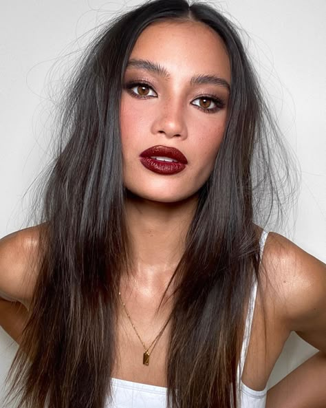 Dark Red Lipstick, Red Makeup Looks, Lipstick Dark Red, Smokey Eye Makeup Look, Kelsey Merritt, Dark Red Lips, Day Makeup Looks, Black Smokey Eye, Patrick Ta