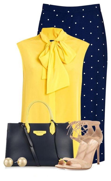 Yellow And Navy Outfit, Navy Blue Skirt Outfits, Yellow Skirt Outfits, Trendy Skirts, Yellow Outfit, Outfit Trends, Stylish Work Outfits, Dot Skirt, Looks Chic